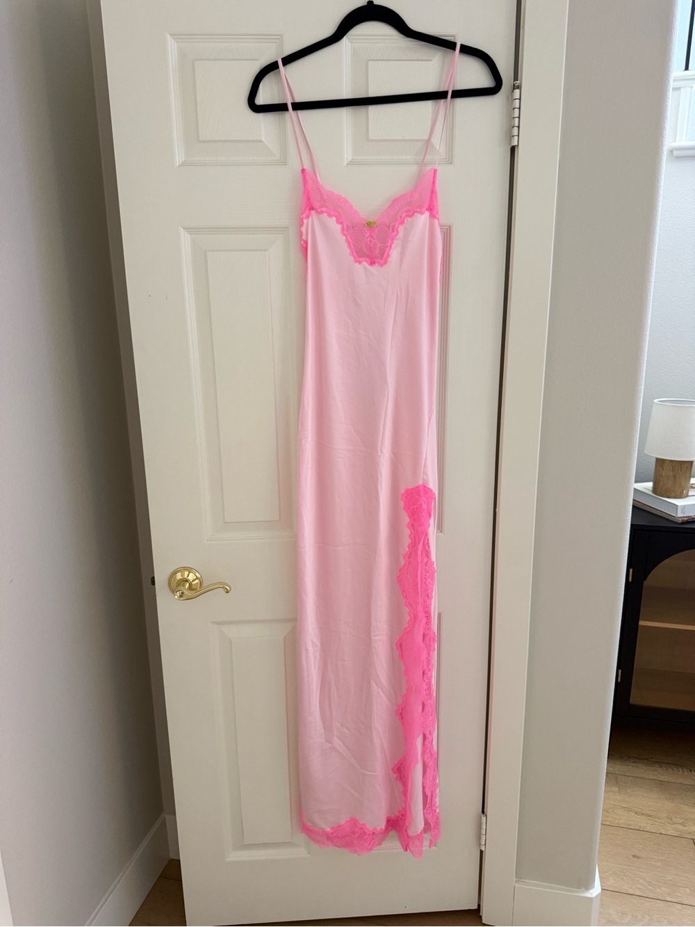 SKIMS Pink Maxi Slip Dress with Bright Pink Lace Trim